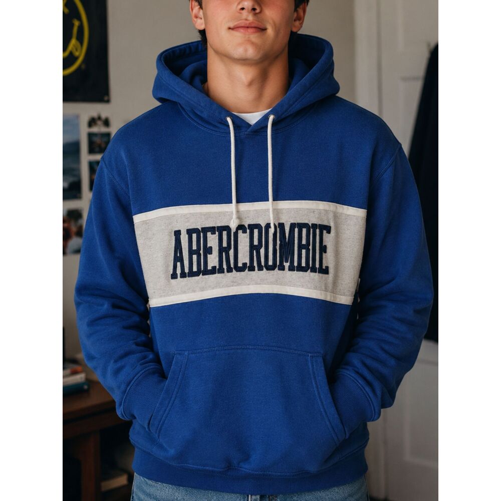 ABERCROMBIE & FITCH Y2K Hoodie Large Men's Blue Logo Long Sleeve Sweatshirt